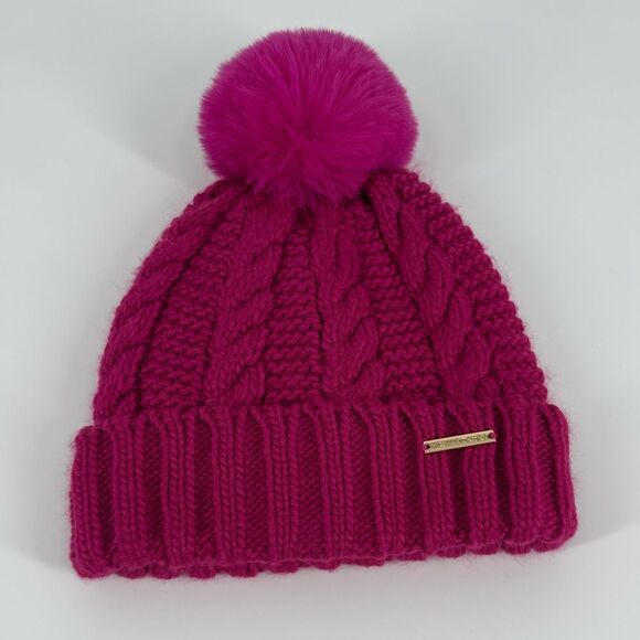 Michael Michael Kors Cable Knit Fleece Lined Hat with Pom-Pom in Fuchsia Pink - Picture 1 of 4